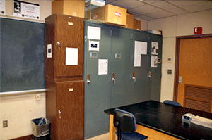 Insect cabinets in the corner of a classroom in Russell Laboratories.