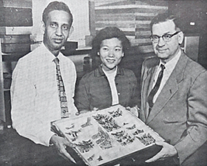 Three individuals holding an open insect drawer that contains moth specimens.